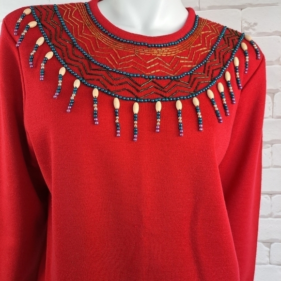 DL Mckelvey sweater red wool pullover faux pearl detail indian style size L - Picture 11 of 15